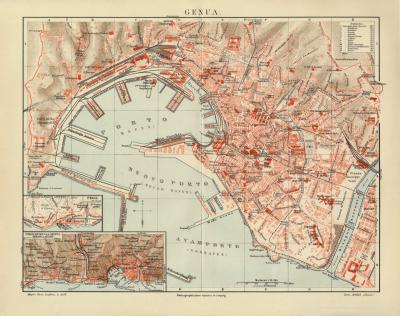 Genua historischer Stadtplan Karte Lithographie ca. 1912