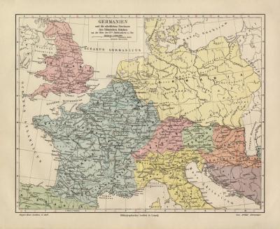 Germanien und die nördlichen Provinzen des Römischen Reiches historische Landkarte Lithographie ca. 1910