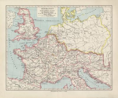 Germanien und die nördlichen Provinzen des Römischen Reiches historische Landkarte Lithographie ca. 1912