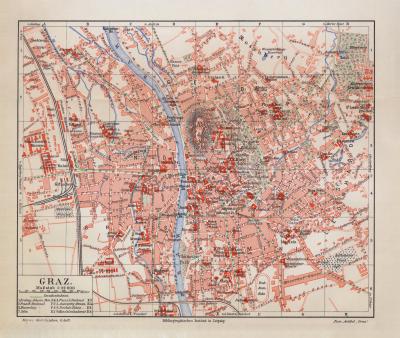 Graz historischer Stadtplan Karte Lithographie ca. 1906