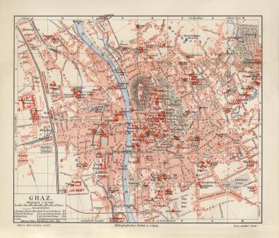 Graz historischer Stadtplan Karte Lithographie ca. 1908