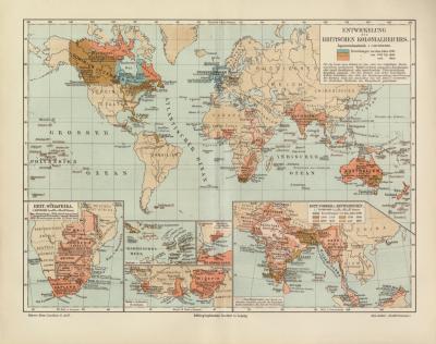 Entwicklung Britisches Kolonialreich historische Landkarte Lithographie ca. 1904