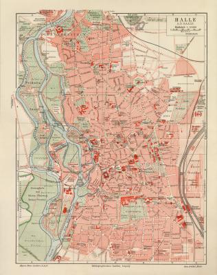Halle a.d. Saale historischer Stadtplan Karte Lithographie ca. 1908