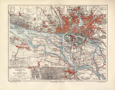 Hamburg Umgebung historischer Stadtplan Karte Lithographie ca. 1905