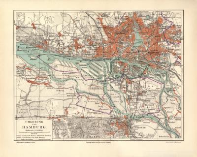 Hamburg Umgebung historischer Stadtplan Karte Lithographie ca. 1910