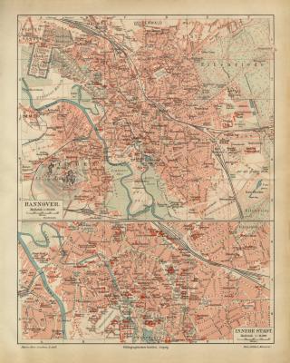 Hannover historischer Stadtplan Karte Lithographie ca. 1918