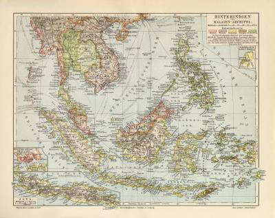 Hinterindien Malaien Archipel historische Landkarte Lithographie ca. 1905