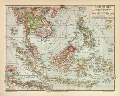 Hinterindien Malaien Archipel historische Landkarte Lithographie ca. 1907