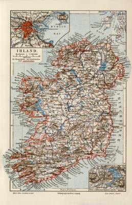 Irland historische Landkarte Lithographie ca. 1908