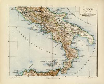 Italien Südliche Hälfte historische Landkarte Lithographie ca. 1907