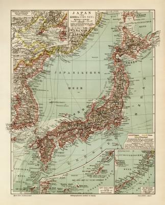 Japan und Korea historische Landkarte Lithographie ca. 1908