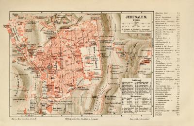Jerusalem historischer Stadtplan Karte Lithographie ca. 1907