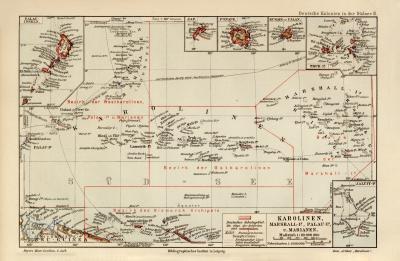 Karolinen Marshall Palau Marianen historische Landkarte Lithographie ca. 1906