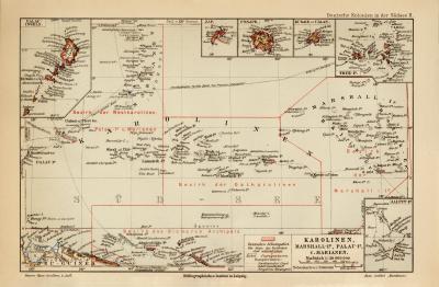 Karolinen Marshall Palau Marianen historische Landkarte Lithographie ca. 1907