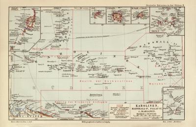 Karolinen Marshall Palau Marianen historische Landkarte Lithographie ca. 1908