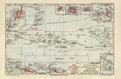 Karolinen Marshall Palau Marianen historische Landkarte Lithographie ca. 1912