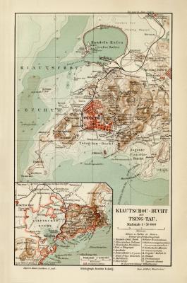 Kiautschou Tsing Tau Umgebung historischer Stadtplan Karte Lithographie ca. 1908
