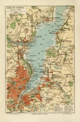 Kieler Hafen historischer Stadtplan Karte Lithographie ca. 1910