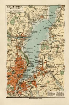 Kieler Hafen historischer Stadtplan Karte Lithographie ca. 1912