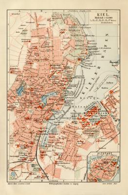 Kiel historischer Stadtplan Karte Lithographie ca. 1908