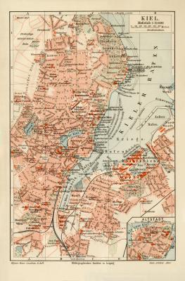 Kiel historischer Stadtplan Karte Lithographie ca. 1910