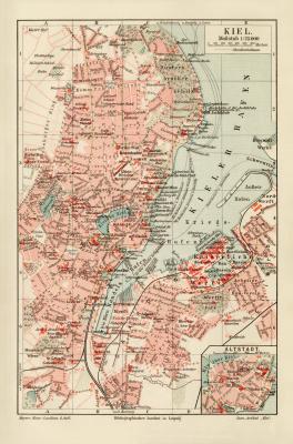 Kiel historischer Stadtplan Karte Lithographie ca. 1912