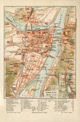 Koblenz historischer Stadtplan Karte Lithographie ca. 1907