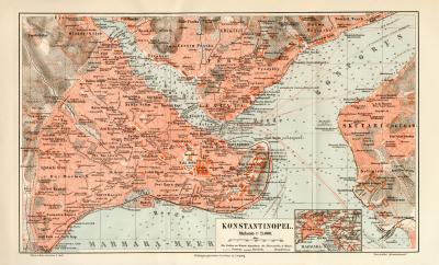 Konstantinopel historischer Stadtplan Karte Lithographie ca. 1908