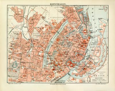 Kopenhagen historischer Stadtplan Karte Lithographie ca. 1910