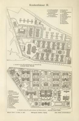 Krankenhäuser III. - IV. historischer Druck Holzstich ca. 1905