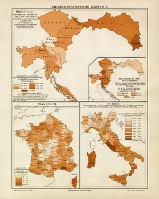 Kriminalstatistik Deutsches Reich II. historische Landkarte Lithographie ca. 1905