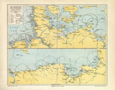 Leuchtfeuer Nordsee Ostsee historische Landkarte Lithographie ca. 1907