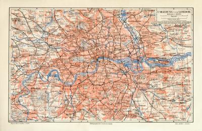 London Umgebung historischer Stadtplan Karte Lithographie ca. 1908