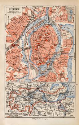 Lübeck historischer Stadtplan Karte Lithographie ca. 1914