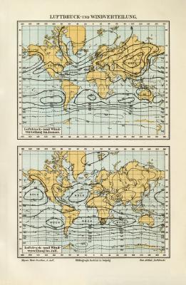 Luftdruck und Windverteilung historische Landkarte Lithographie ca. 1908