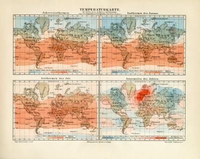 Welt Temperatur Isothermen Isanomalen historische Landkarte Lithographie ca. 1906