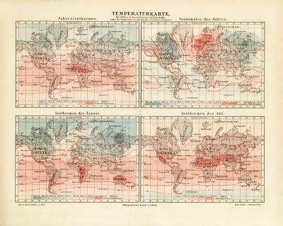 Welt Temperatur Isothermen Isanomalen historische Landkarte Lithographie ca. 1908