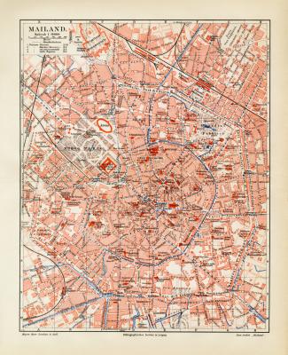 Mailand historischer Stadtplan Karte Lithographie ca. 1908