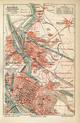 Mannheim Ludwigshafen historischer Stadtplan Karte Lithographie ca. 1908