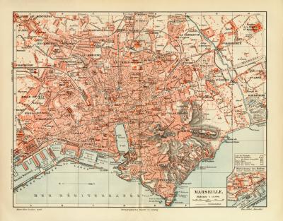 Marseille historischer Stadtplan Karte Lithographie ca. 1909
