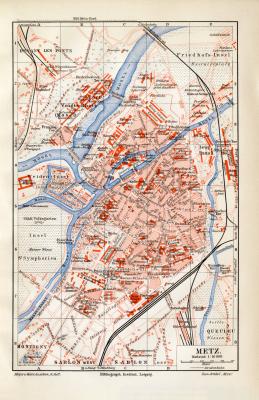 Metz Moselle Lothringen Stadtplan und Karte der Umgebung um 1900 
