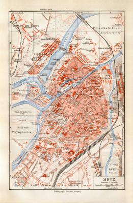 Metz historischer Stadtplan Karte Lithographie ca. 1914