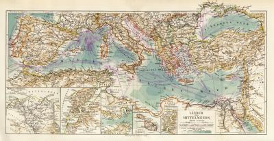 Länder des Mittelmeers historische Landkarte Lithographie ca. 1914