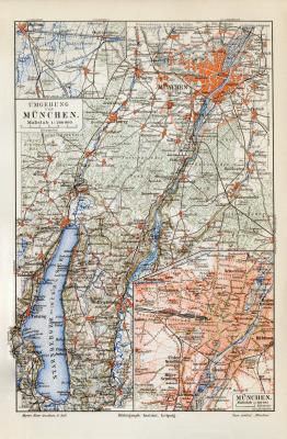 München Umgebung historischer Stadtplan Karte Lithographie ca. 1909