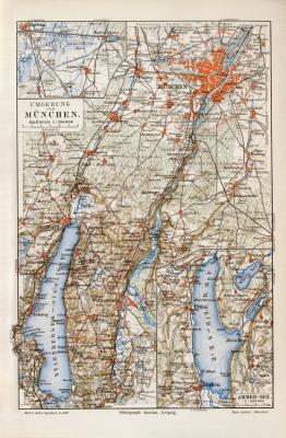 München Umgebung historischer Stadtplan Karte Lithographie ca. 1914