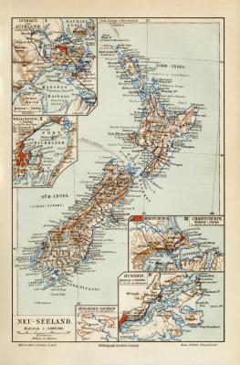 Neuseeland Christchurch Dunedin Wellington Auckland historische Landkarte Lithographie ca. 1909