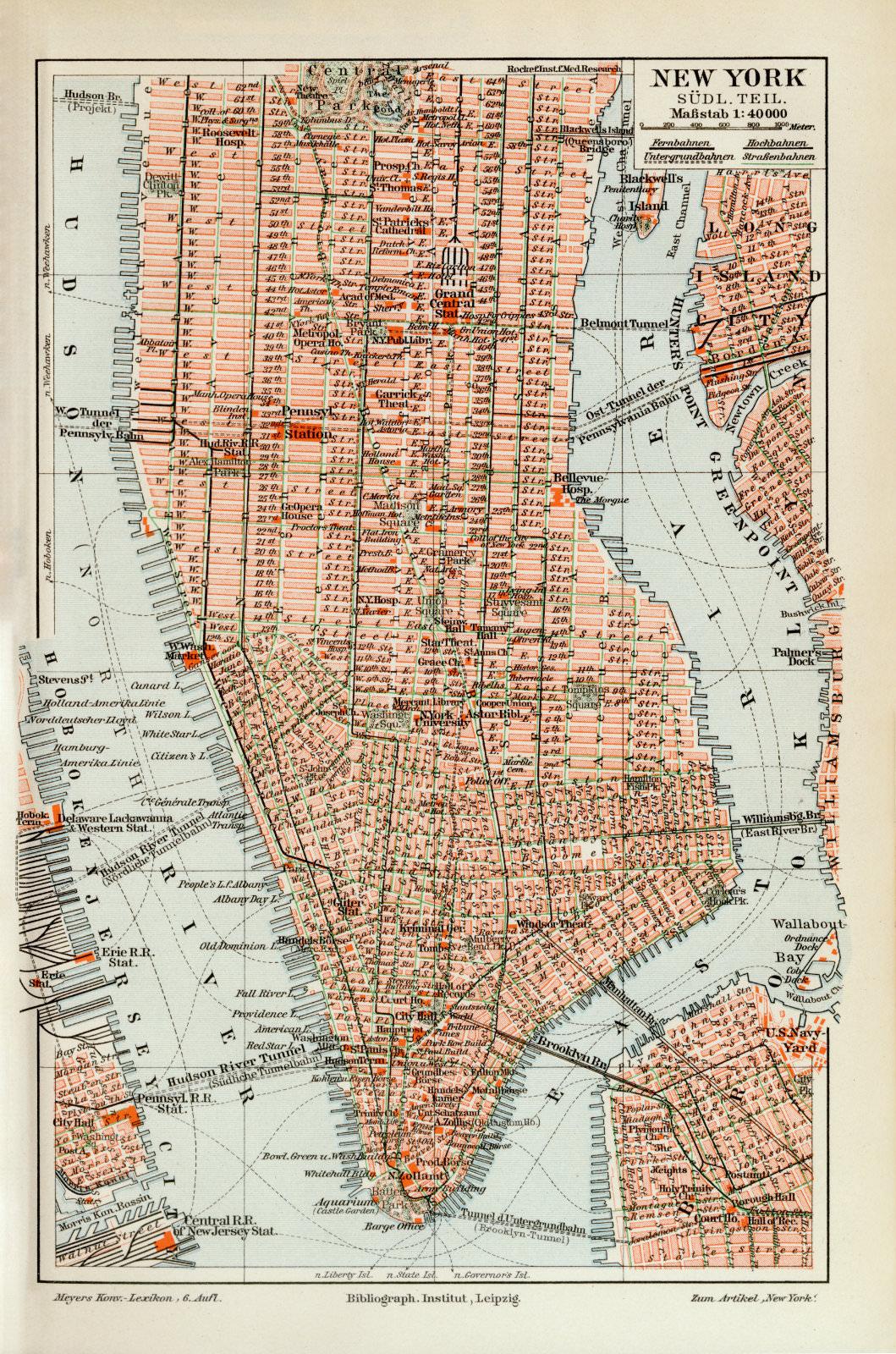 New York historischer Stadtplan Karte Lithographie ca 1906 antike Stadtkarte 