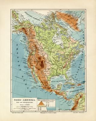 Nord Amerika Flüße & Gebirge historische Landkarte Lithographie ca. 1907