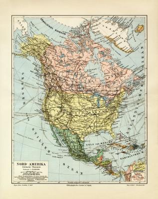 Nord Amerika Politische Übersicht historische Landkarte Lithographie ca. 1907