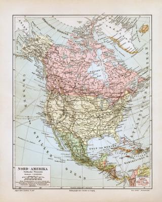 Nord Amerika Politische Übersicht historische Landkarte Lithographie ca. 1909